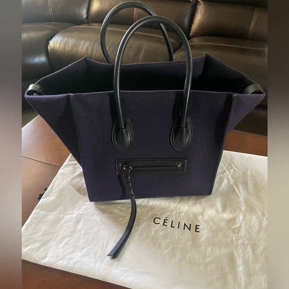 Celine Phantom Luggage Tote Navy Felt Black Leather Bag - Picture 2 of 12